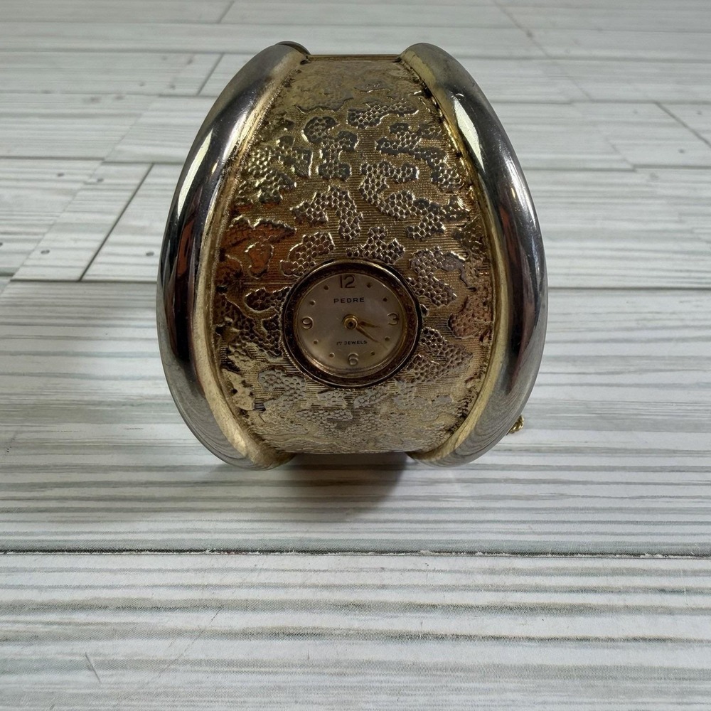 Vintage Pedre 17 Jewels Cuff Wind Watch Gold Tone Working Read Description